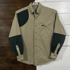 Vintage 90s Woolrich Shooting Shirt Mens Med Hunting Button Beige Green Quilted